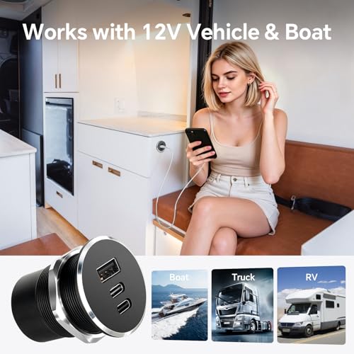 78W 12V USB Outlet with Silver Ring, Aluminum Car USB C Socket - color: 1Pcs