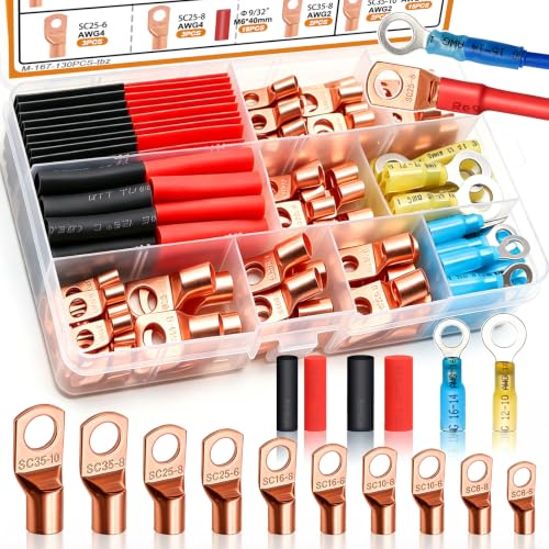 mankk 130PCS Copper Wire Lugs AWG 2 4 6 8 10 12 14 16 Gauge Battery Terminal Connectors Battery Cable Ends Connectors Copper Ring Terminal Kit with Heat Shrink - color: 130PCS