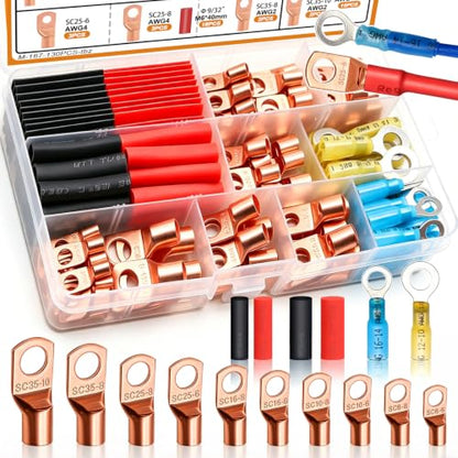 mankk 130PCS Copper Wire Lugs AWG 2 4 6 8 10 12 14 16 Gauge Battery Terminal Connectors Battery Cable Ends Connectors Copper Ring Terminal Kit with Heat Shrink - color: 130PCS