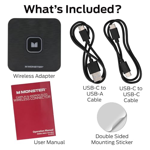 Monster Wireless CarPlay Adapter, Wireless Android Auto Adapter, Convert Wired to Wireless CarPlay & Android Auto, Compact Dongle for Factory Wired CarPlay Cars, USB-C & USB-A Cables Included