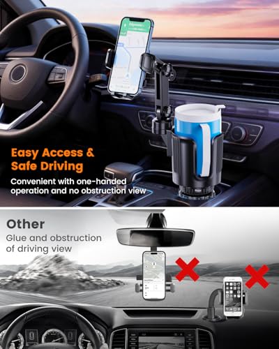 Cup Phone Holder for Car with Expandable Base, Upgraded 2 in 1 Hands Free Cellphone Holder Cupholder Car Mount, Stable Retractable Long Arm Universal Fit iphone and Large Bottle, for Truck SUV - color: Gray