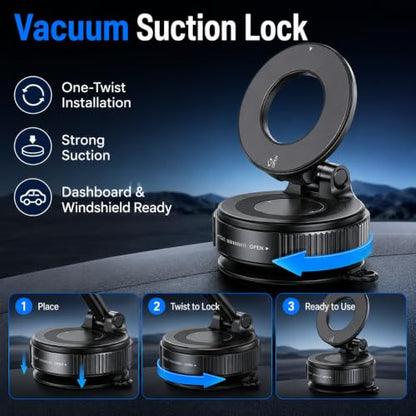 Magnetic Car Phone Mount, Vacuum Suction Cup MagSafe Cell Holder, Foldable Premium Zinc Alloy 360° Rotating Dashboard Windshield Desk Mount for Navigation and Live Streaming - color: Magnetic Car Mount Phone 1
