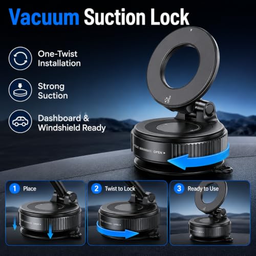 Magnetic Car Phone Mount, Vacuum Suction Cup MagSafe Cell Holder, Foldable Premium Zinc Alloy 360° Rotating Dashboard Windshield Desk Mount for Navigation and Live Streaming - color: Magnetic Car Mount Phone 1