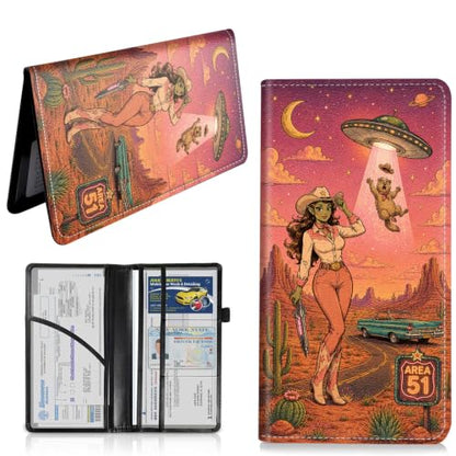 Car Registration and Insurance Card Holder Wallet, Alien Cowgirl Pink Vehicle Document Organizer for Glove Box, Auto License & ID Card Holder Case, Slim Multi-Slot Car Paper Organizer - color: Desert Alien Cowgirl Pink