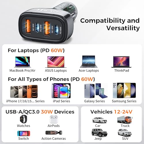 SONRU 4-Port USB C Car Charger, 120W 2*【PD60W+QC30W】 Cigarette Lighter USB Car Charger Adapter, Fast Car Phone Charger for iPhone 17/17 Pro Max/16/15/14 Series, Galaxy S24/23,iPad, Galaxy, Tablet