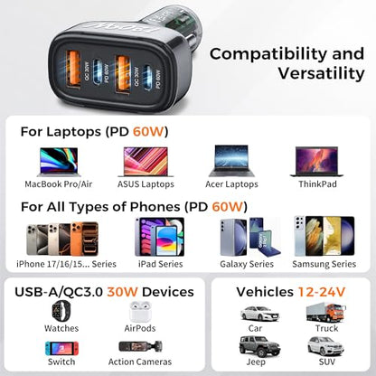 SONRU 4-Port USB C Car Charger, 120W 2*【PD60W+QC30W】 Cigarette Lighter USB Car Charger Adapter, Fast Car Phone Charger for iPhone 17/17 Pro Max/16/15/14 Series, Galaxy S24/23,iPad, Galaxy, Tablet