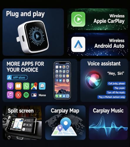 2-in-1 Wireless CarPlay & Android Auto Adapter, Aluminum Alloy, Plug & Play USB Car Adapter with Button for iPhone and Android, 5GHz WiFi Bluetooth Connection, Works with Factory Wired CarPlay Cars