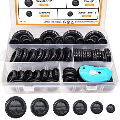 mankk 53Pcs Rubber Grommet Kit,6 Size (5/8" 13/16" 7/8" 1" 1-3/16" 1-1/2") Drill Hole Round Double Sided Rubber Hole Plug with Retractable Box Knife for Protecting Cable Wire M-119 - size: 6 Sizes-53PCS