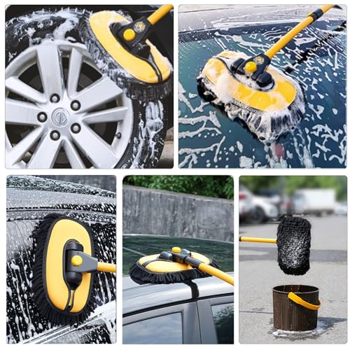 57'' Car Wash Brush with Long Handle Chenille Microfiber Car Wash Kit, Mitt Retractable Bent Pole Car Wash Brush for Cars RV Truck Boat (Light Yellow) - color: Light Yellow