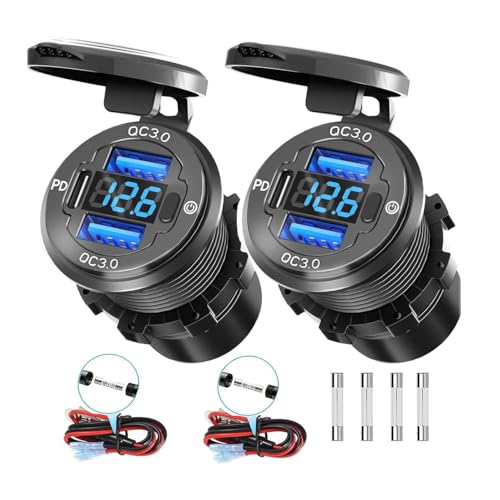 2PCS 78W 3Ports 12V USB Outlet with Voltmeter & Switch - PD3.0 & Dual QC3.0 Quick Charge Car Charger Socket, Aluminum Waterproof USB C Port for Boat Marine Motorcycle RV Truck ATV Golf Cart