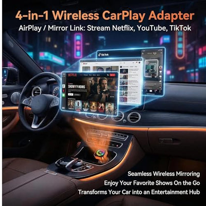 4-in-1 Wireless CarPlay Adapter with Screen Mirroring, Watch Netflix/YouTube in Car, Android Auto AirPlay Mirror Link, Plug & Play No App, Compatible with 800+ Cars iPhone Android