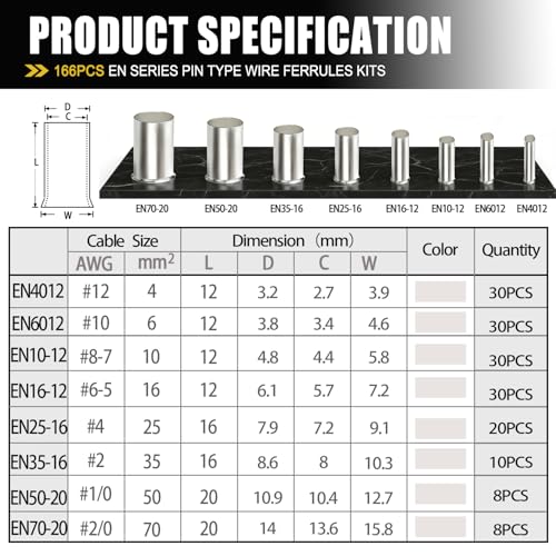 mankk 166PCS Wire Ends Ferrules Kit, 8 Sizes AWG(1/0 2/0 2 4 6 8 10 12) Silver Plated Copper Assortment Electrical Wire Crimp Connectors Terminals (Pack of 2) - size: 166PCS (Pack of 2)