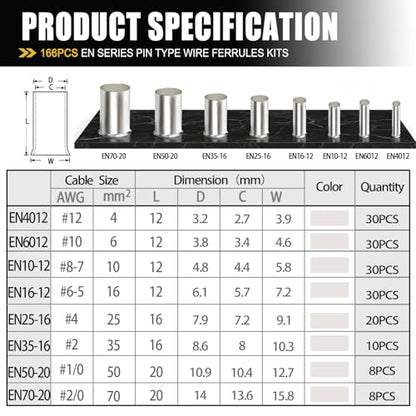 mankk 166PCS Wire Ends Ferrules Kit, 8 Sizes AWG(1/0 2/0 2 4 6 8 10 12) Silver Plated Copper Assortment Electrical Wire Crimp Connectors Terminals (Pack of 2) - size: 166PCS (Pack of 2)