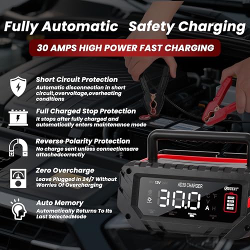 30 Amp 6V/12V/24V Smart Trickle Charger, Car Battery Charger, Lithium, Lifepo4, Lead Acid (AGM/Gel/SLA) Automatic Battery Maintainer, Battery Desulfator for Boat, Motorcycle, Lawn Mowers - size: 6V/12V/24V