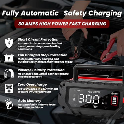 30 Amp 6V/12V/24V Smart Trickle Charger, Car Battery Charger, Lithium, Lifepo4, Lead Acid (AGM/Gel/SLA) Automatic Battery Maintainer, Battery Desulfator for Boat, Motorcycle, Lawn Mowers - size: 6V/12V/24V