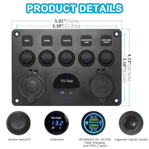Upgraded 5 Gang Rocker Switch Panel - Dual QC 3.0 USB Charger, Digital Volmeter, 12V Outlet, Pre-Wired with Circuit Breakers for RV/Car/Boat/Truck, 2-Year Warranty (Blue) - color: Blue + Dual QC USB Charger