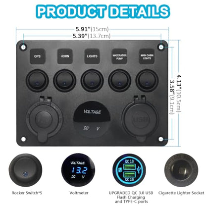 Upgraded 5 Gang Rocker Switch Panel - Dual QC 3.0 USB Charger, Digital Volmeter, 12V Outlet, Pre-Wired with Circuit Breakers for RV/Car/Boat/Truck, 2-Year Warranty (Blue) - color: Blue + Dual QC USB Charger