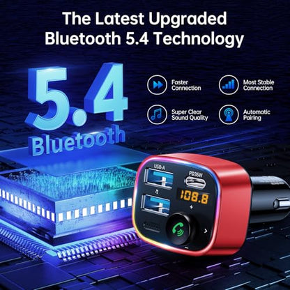 Syncwire Bluetooth 5.4 FM Transmitter Car Adapter 48W (PD 36W & 12W) [Light Switch] [Hi-Fi Deep Bass] [Fast Charge] Wireless Radio Music Adapter LED Display Hands-Free Calling Support USB Drive, Red - color: Red, style: 48W