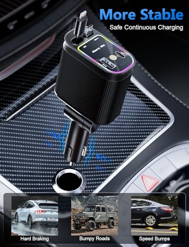 Starlight Retractable Car Charger with Retractable Cables, Starlight in Car Roof 4 in 1 Super Fast USB C Car Phone Charger, 2 USB Ports Starry Sky Adapter, Compatible with iPhone 17 16 15 14 13 12 - color: Dark Black