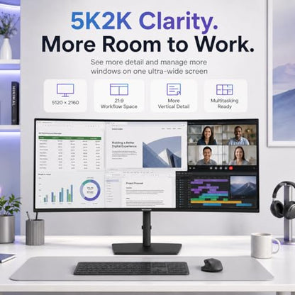 Deco Gear 40 inch Curved 5K2K Ultrawide Monitor, 5120x2160 WDQHD 21:9 IPS, Adaptive Sync, 75Hz USB-C 90W PD, 2500R 1ms MPRT, HDMI 2.0, DP 1.4, KVM, PIP/PBP, HDR, Speakers, Audio Out, Adjustable Stand - size: 40 Inch-75