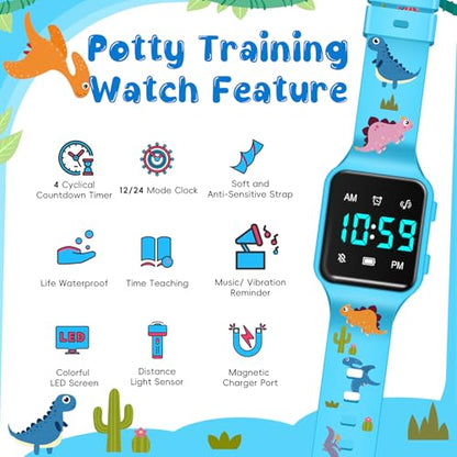 BEN NEVIS Potty Training Watch, Digital Toddler Watch with Countdown/Music/Alarm Clocks/Vibration Reminder and Waterproof, Remind Toddler to Go to The Toilet - color: 02-Blue-DinosaurWorld