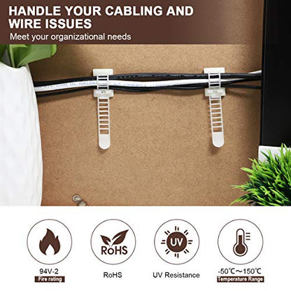 50Pcs Adhesive Cable Management Clips with 50Pcs Zip Ties, Adjustable Nylon Cable Strap Ties Wire Clips Clamps Organizer, Extra Screw & Hole - 3.55 Inch White - color: White, size: L-50pcs
