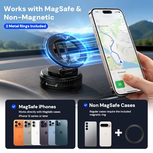 2026 Upgraded Magnetic Car Phone Mount for MagSafe: 360° Rotatable Adjustable Holder with 98LBS Strong Suction Cup & 2400gf Magnet, Compatible with iPhone Series & Android Devices, Black - color: A. Upgrated J37-Black Base