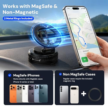 2026 Upgraded Magnetic Car Phone Mount for MagSafe: 360° Rotatable Adjustable Holder with 98LBS Strong Suction Cup & 2400gf Magnet, Compatible with iPhone Series & Android Devices, Black - color: A. Upgrated J37-Black Base