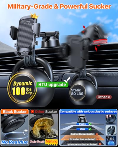 HTU Car Phone Holder【2026 Upgraded 100+LBS Suction & Safety Cert】 Cell Phone Car Mount for Truck Heavy Duty Phone Holder for Dashboard/Windshield/Vent for iPhone 17 16 Pro Max, Dark Black - color: Dark Black