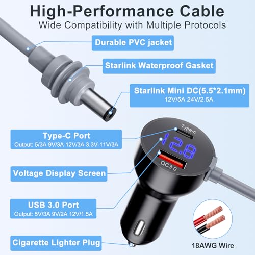 Starlink Mini Car Charger & Power Adapter, 3-in-1 Starlink Mini Cable 10FT with Digital Display & 12V-48V Cigarette Lighter Plug for Trucks, Cars, RVs - USB-C PD 40W & USB-A 35W Ports+Extension Cable