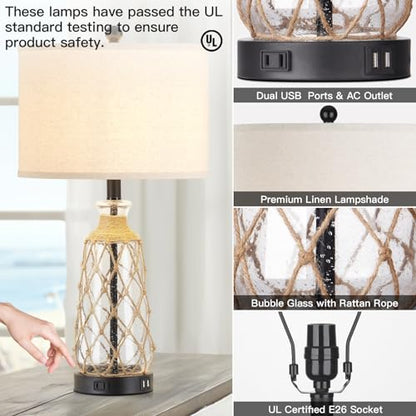 Ruzectt 25.5" Coastal Glass Table Lamps Set of 2, 3-Way Dimmable Touch Control Bedside Lamps with 2 USB Ports and AC Outlet, Clear Nautical Nightstand Lamp for Bedroom Living Room (LED Bulbs Included) - color: Clear