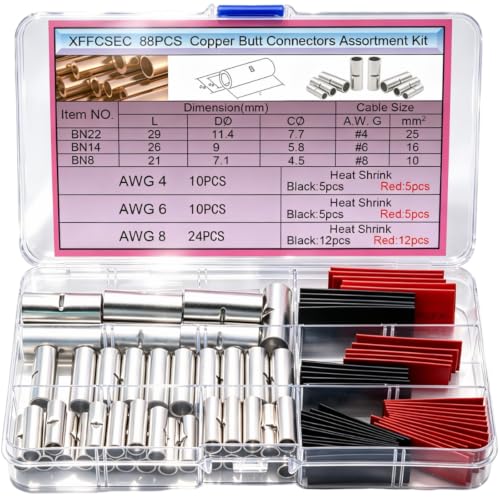 Butt Splice Connector Kit, 88pc Heat Shrink Butt Connectors, 4/6/8 AWG Waterproof Pure Copper, for High Current Car Audio, Marine Battery, Power and Ground Wire Cable Connections