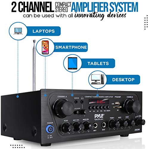 Pyle 2-Channel Bluetooth Home Stereo Amplifier - 250W Wireless Audio Receiver, Karaoke Optimized: Dual Mic In with Echo, Mic Talk-Over, FM Radio, USB-A MP3 Player, RCA, AUX, Remote Ctrl - PTA24BT