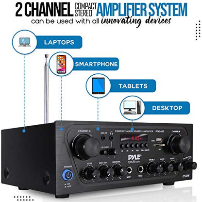 Pyle 2-Channel Bluetooth Home Stereo Amplifier - 250W Wireless Audio Receiver, Karaoke Optimized: Dual Mic In with Echo, Mic Talk-Over, FM Radio, USB-A MP3 Player, RCA, AUX, Remote Ctrl - PTA24BT