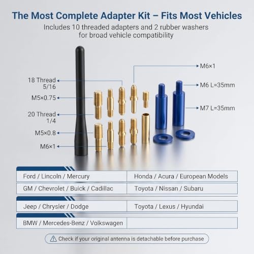 5 Inch Car Short Antenna – Aluminum Alloy American Flag Auto Radio Antenna for AM/FM Universal Replacement with 10 Adapters & 2 Washers, Fits Ford F-150 Jeep Wrangler Toyota Tacoma Honda CR-V