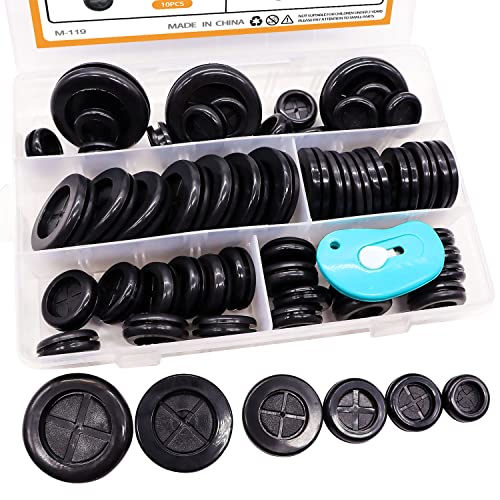 mankk 53Pcs Rubber Grommet Kit,6 Size (5/8" 13/16" 7/8" 1" 1-3/16" 1-1/2") Drill Hole Round Double Sided Rubber Hole Plug with Retractable Box Knife for Protecting Cable Wire M-119 - size: 6 Sizes-53PCS
