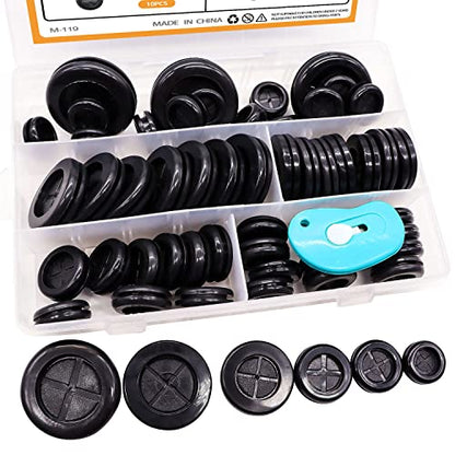 mankk 53Pcs Rubber Grommet Kit,6 Size (5/8" 13/16" 7/8" 1" 1-3/16" 1-1/2") Drill Hole Round Double Sided Rubber Hole Plug with Retractable Box Knife for Protecting Cable Wire M-119 - size: 6 Sizes-53PCS