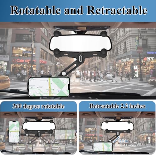 Phone Mount for Car, Rear View Mirror Phone Holder, Rotatable and Retractable Car Phone Holder Mount Rearview Mirror Phone Holder for Car Compatible with iPhone Samsung Cell Phones (Blue) - style: Blue