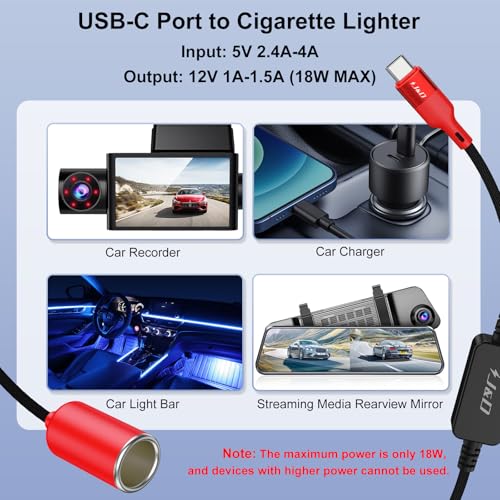 J&D USB C Male to 12V Car Cigarette Lighter Socket Female Converter Cable, 12V 18W Power Cable for Dash Cam, GPS, Car LED Light Strips, Red, 1 ft - color: Red, size: 1 ft