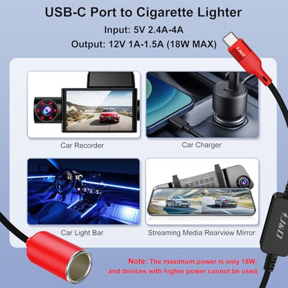 J&D USB C Male to 12V Car Cigarette Lighter Socket Female Converter Cable, 12V 18W Power Cable for Dash Cam, GPS, Car LED Light Strips, Red, 1 ft - color: Red, size: 1 ft