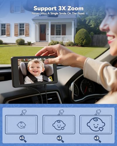 Baby Car Camera Monitor | 5" 1080P IPS Suction Cup Screen - 360° Rotation IR Night Vision 3X Zoom - USB Powered Headrest Mount for Baby Car Cam - size: 5-inch + Single Camera