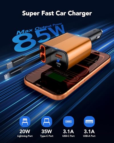 Retractable Car Charger, 85W Car Accessories USB C Fast Charger Adapter - color: Orange