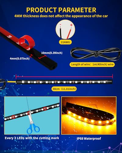 Amber Led Strip Lights Car,Led Lights for Motorcycles 30CM (6PCS) - color: Yellow