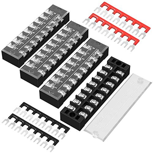 Joinfworld Terminal Block 25A 600V Dual Row Screw Terminal Strip with Cover, 8 Position Pre-Insulated Wire Terminal Block with Jumpers - 4 Pack - style: 25A 8P