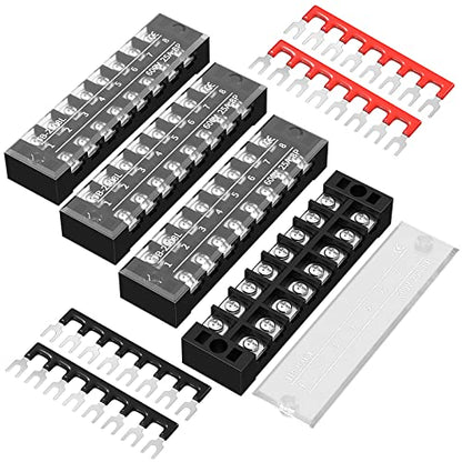 Joinfworld Terminal Block 25A 600V Dual Row Screw Terminal Strip with Cover, 8 Position Pre-Insulated Wire Terminal Block with Jumpers - 4 Pack - style: 25A 8P