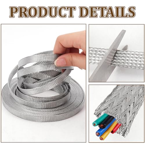 NBEADS 32.8ft 304 Stainless Steel Braided Cable Sleeve, 0.39 Inch Wide Stainless Steel Color Flat Tinned Braided Ground Wire Mesh, Flexible Shielding Sleeve for Cables - size: 32.8ft X 0.39 Inch