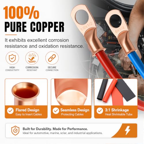 mankk 230PCS Copper Wire Lugs AWG 1 2 4 6 8 1/0 2/0 Gauge Battery Terminal Connectors Battery Cable Ends Connectors Copper Ring Terminal Kit with 3:1 Heat Shrink Tubing - color: 230PCS-Handheld Box