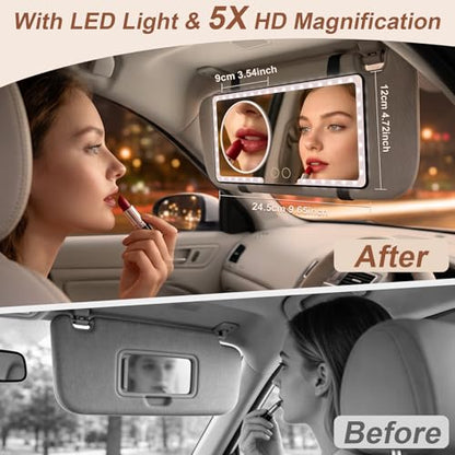 ELZO Car Sun Visor Vanity Mirror with Light, Magnifying Glass Rechargeable Car Makeup Mirror with 3 Light Modes & 88 LEDs, Dimmable Touch Led Screen, Gifts for Women Girl, Universal for SUV Car Truck