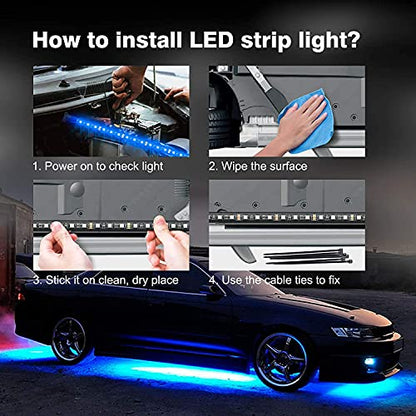 Smart RGB Car Underglow Kit with App & RF Remote - IP67 Waterproof, 16 Million Color LED Light Strips, Music Sync, Universal Fit for All Cars, Trucks, Vans - 12V DC Exterior Lighting