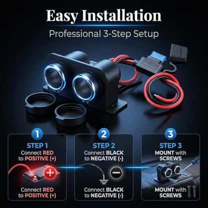 2PCS Cigarette Lighter Socket with Blade Fuse, 2-Socket Cigarette Lighter Splitter 12V Lighter Power Outlet Replacement Waterproof Plug for Car Marine Truck ATV RV - color: Black-2P